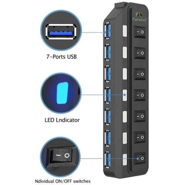 هاب 7 پورت USB 3.0 همراه آداپتور فرانت