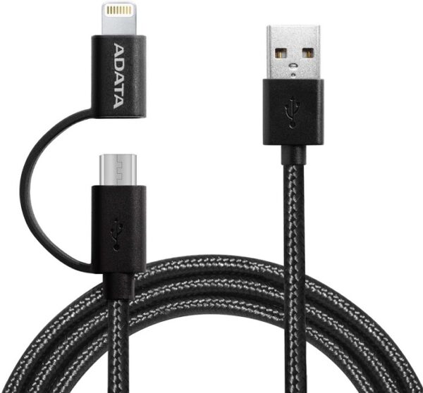 کابل تبديل USB به microUSB و لايتنينگ ای دیتا مدل ADATA AMFI2IN1-200CMK-CBK